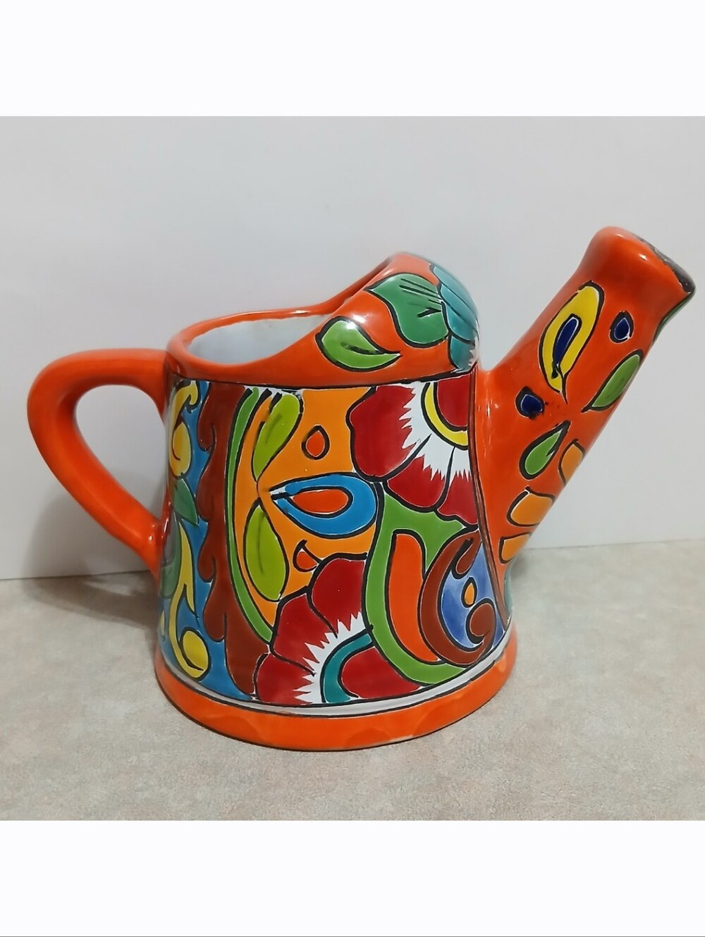 Mexican Folk Art Pottery Watering Can Colorful Floral Made in Mexico Talavera